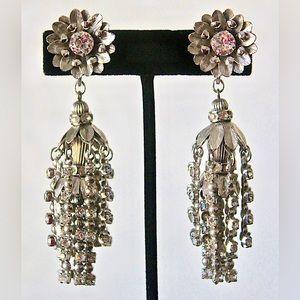 NAPIER RUNWAY EARRINGS ANTIQUE SILVER PRONG SET CRYSTALS 3 1/2 INCH LONG VINTAGE